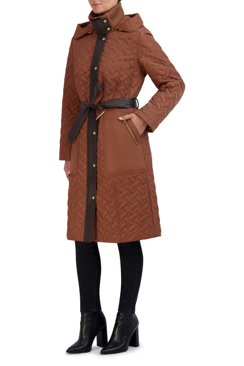 Leather Trim Hooded Quilted Coat, Alternate, color, PECAN