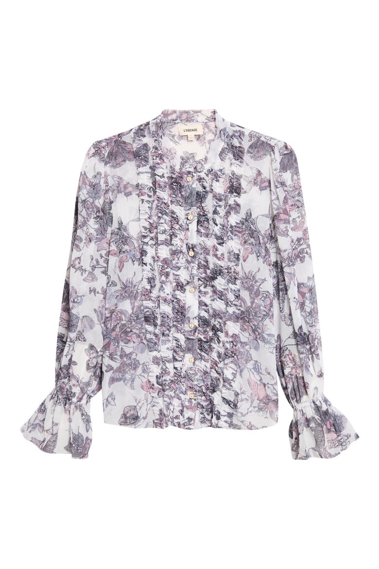 Eunice Butterfly Print Ruffle Trim Button-Up Top, Alternate, color, VINTAGE WHITE WATERCOLOR BUFLY