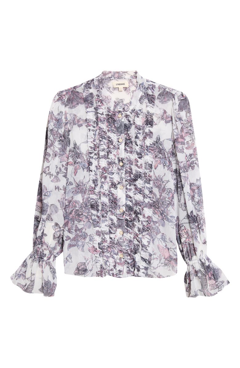 L'AGENCE Eunice Butterfly Print Ruffle Trim Button-Up Top, Alternate, color, Vintage White Watercolor Bufly