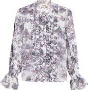 L'AGENCE Eunice Butterfly Print Ruffle Trim Button-Up Top