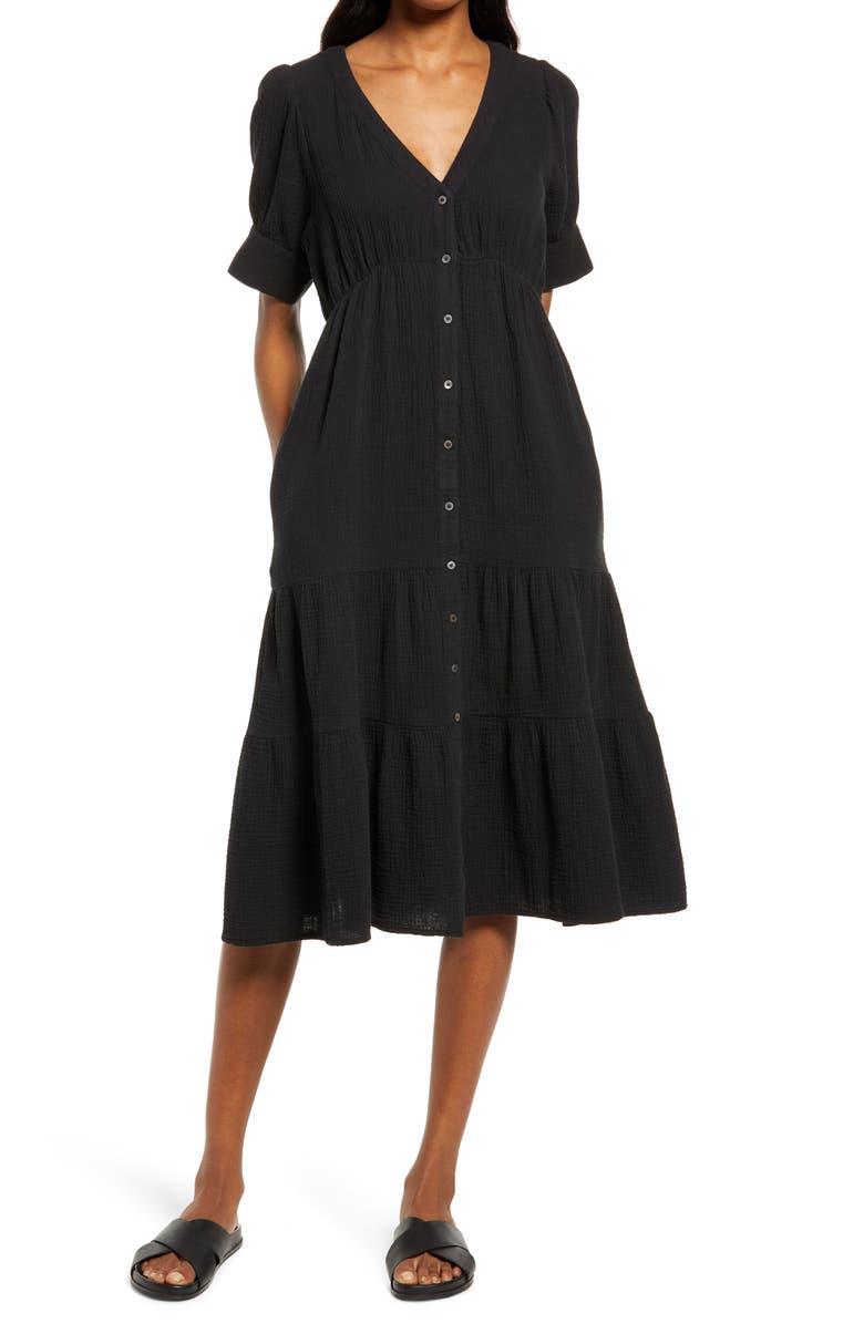 Madewell Lightspun Tiered Button Front Midi Dress, Main, color,
