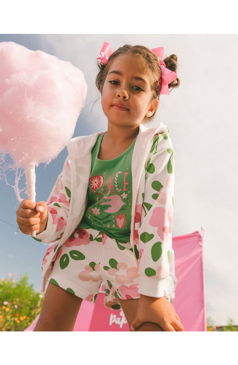 Deux par Deux Girl's Printed French Terry Hoodie Cardigan Pink Flowers On White Background, Alternate, color, Pink Flowers On White