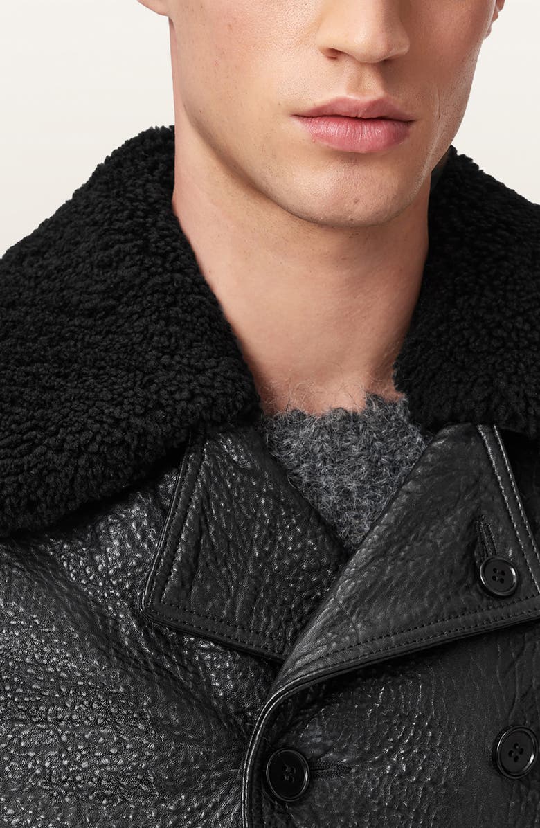 AllSaints Hamlet Genuine Shearling Trim Leather Coat, Alternate, color, Black