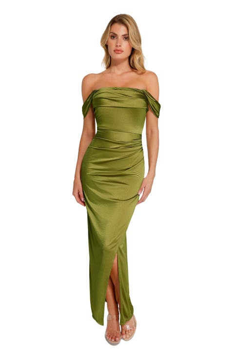 Shapewear Off Shoulder Shine Ruched Sculpting Maxi Dress