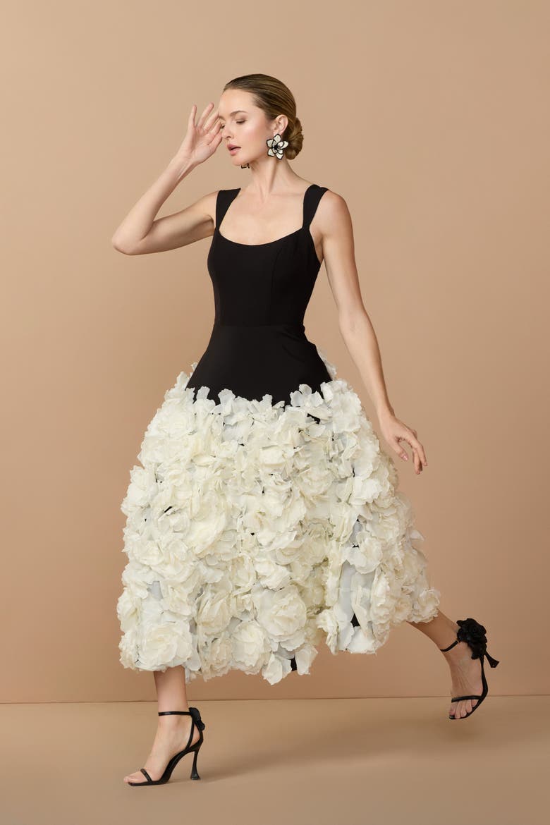 Sleeveless A Line Crepe Midi Dress With Floral Hem, Alternate, color, Black Cream