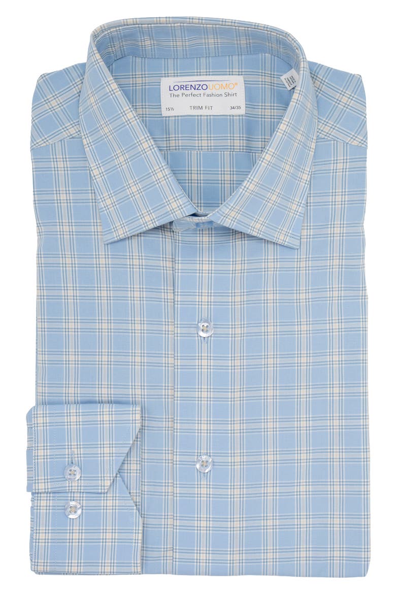 Trim Fit Plaid Stretch Cotton Dress Shirt, Main, color, LIGHT BLUE
