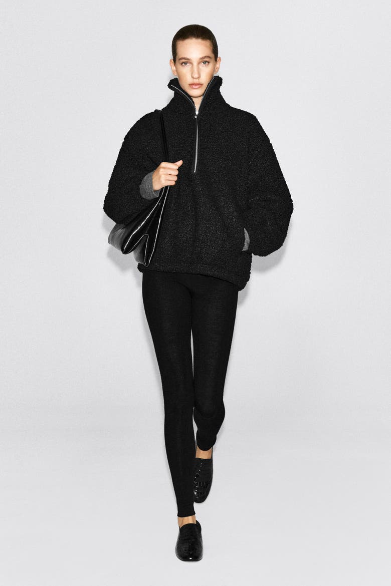 Mock-neck Teddy Zip-up Sweater, Alternate, color, BLACK