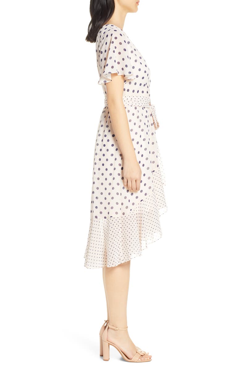 Eliza J Polka Dot Chiffon Faux Wrap Dress, Alternate, color, 