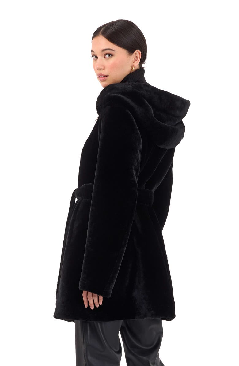 GORSKI Shearling Lamb Hooded Stroller, Reversible To Taffeta, Belt, Alternate, color, Black/Black