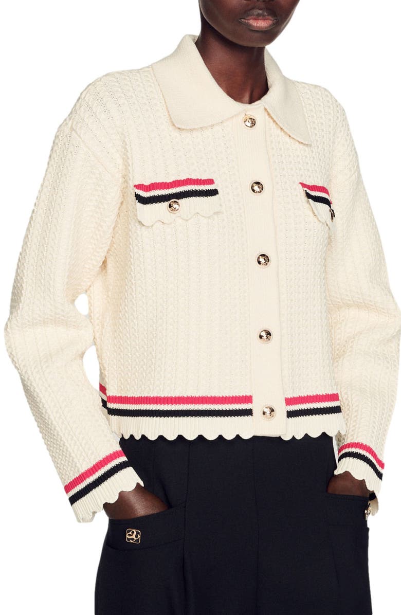 SANDRO Tipped Cardigan, Main, color, Ecru