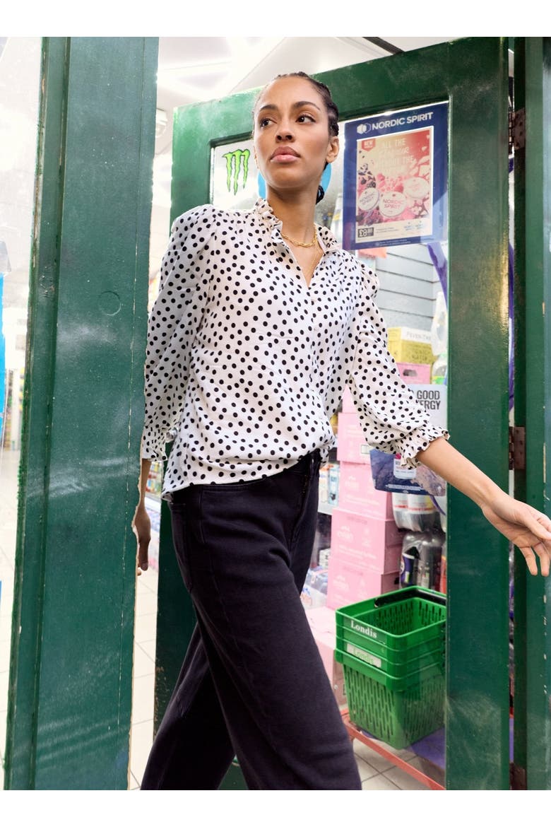 Cela Ruffled Neck Blouse, Alternate, color, Cream Polka