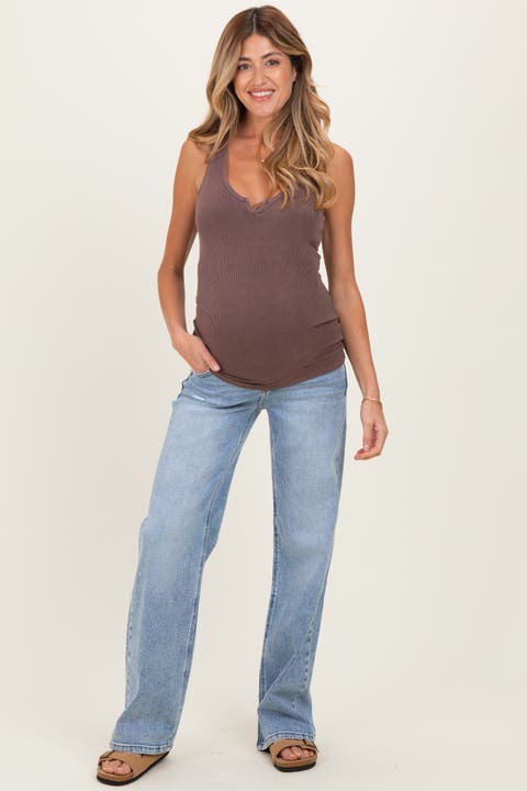 Lightly Distressed Maternity Wide Leg Jeans