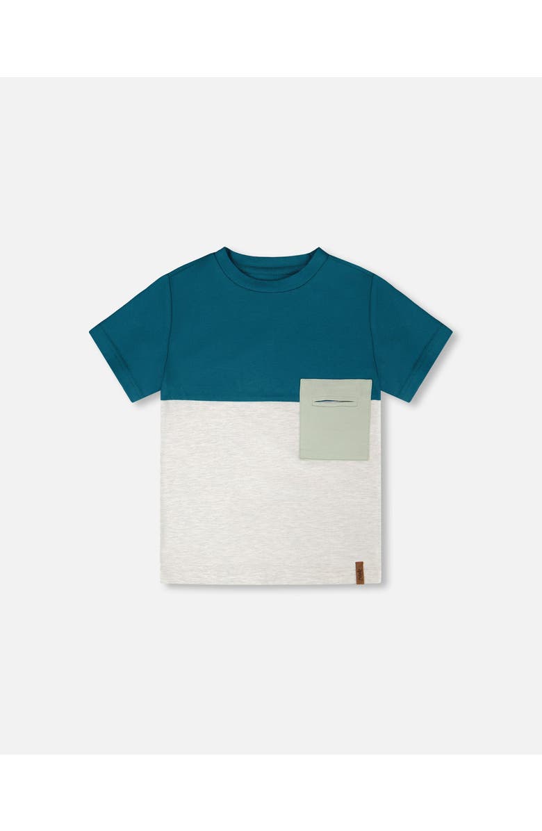 Deux par Deux Organic Cotton Colorblock Jersey Short Sleeve T-Shirt with Chest Pocket, Main, color, Heather Grey