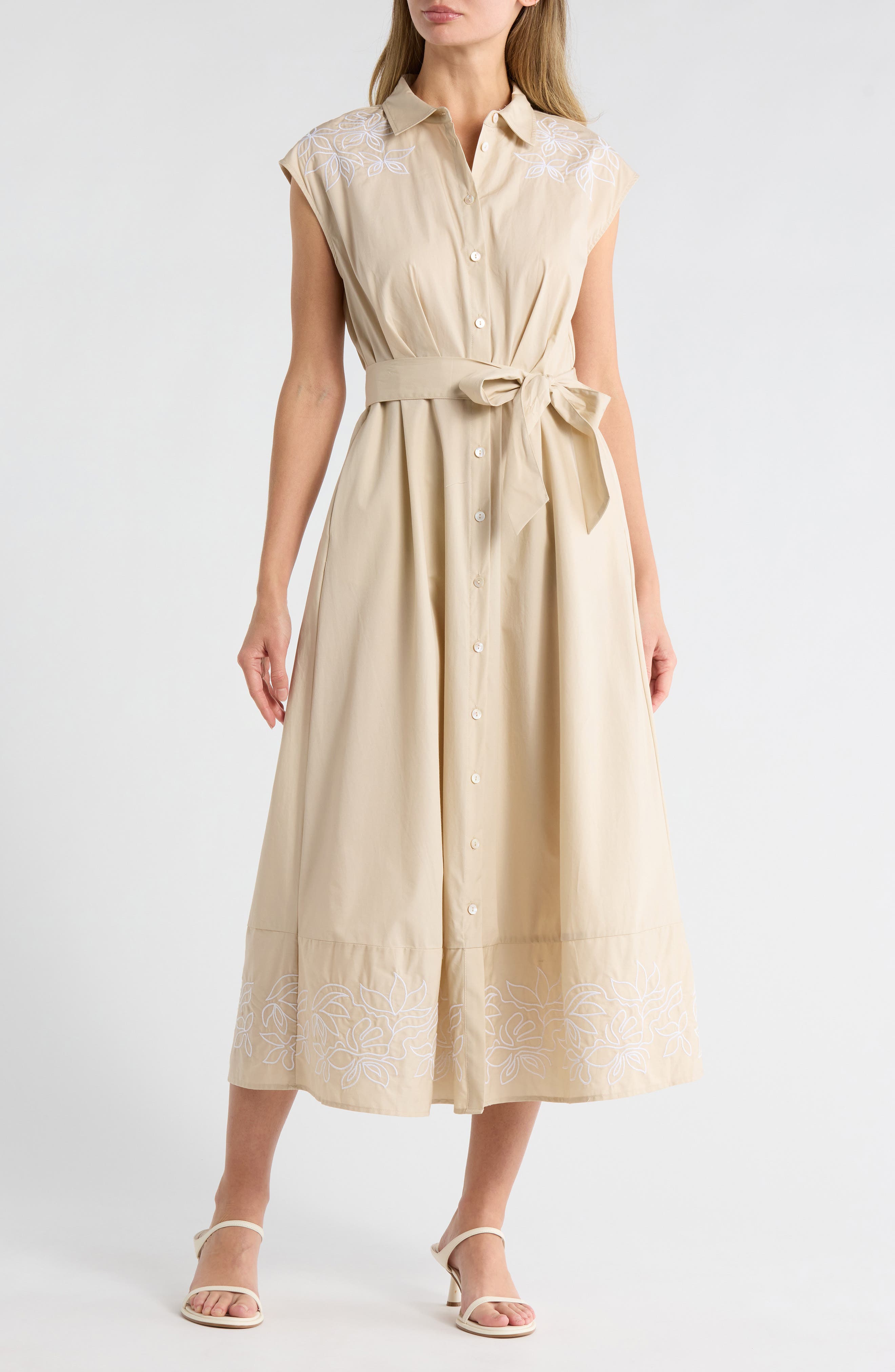 Ellen Tracy Floral Embroidered Poplin Shirtdress