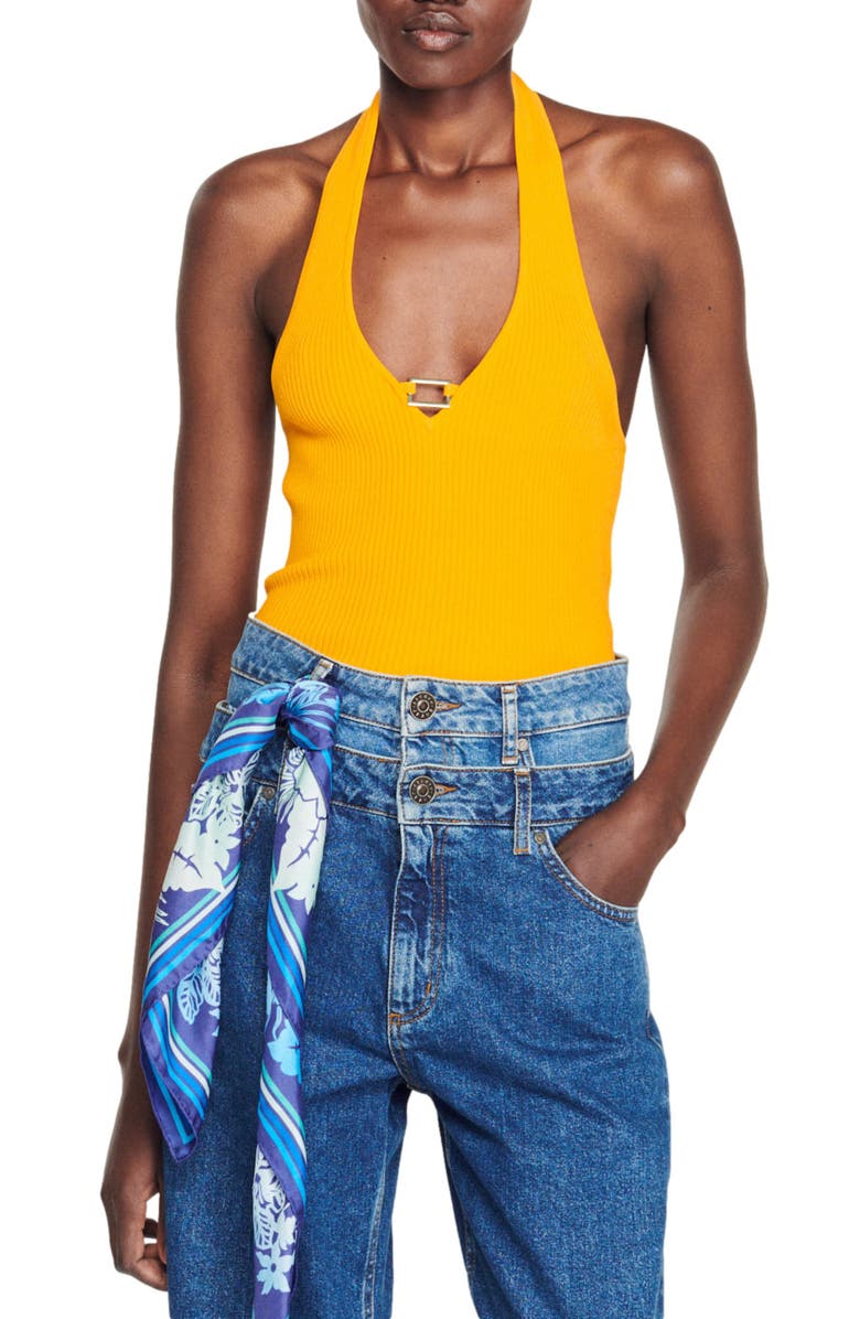 SANDRO Donatien Halter Neck Top, Main, color, Orange