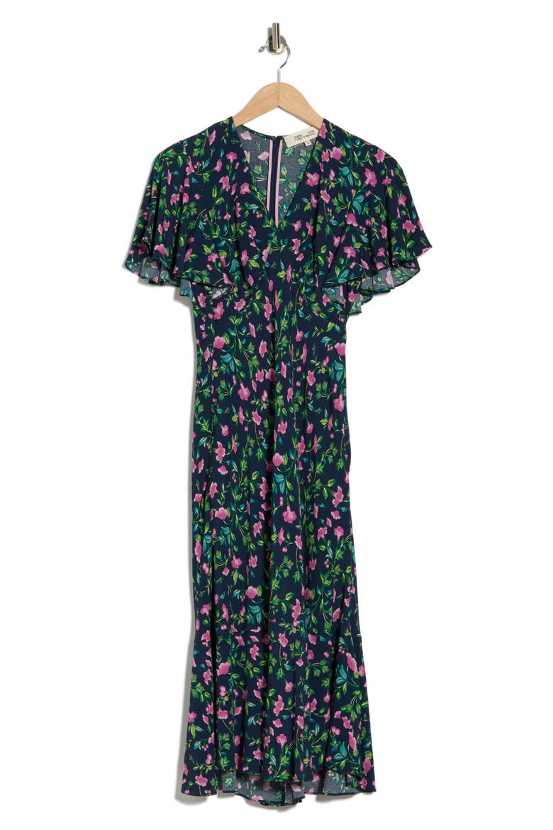 Cecelia Floral Flutter Sleeve Midi Dress, Alternate, color, HEALING PLANTS NAVY