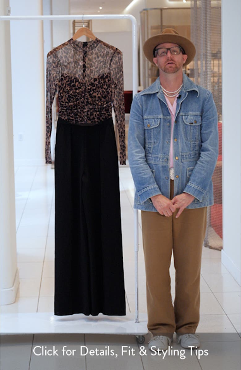 Leonarda Sheer Mesh Bodice Crepe Back Satin Wide Leg Jumpsuit, sales video thumbnail