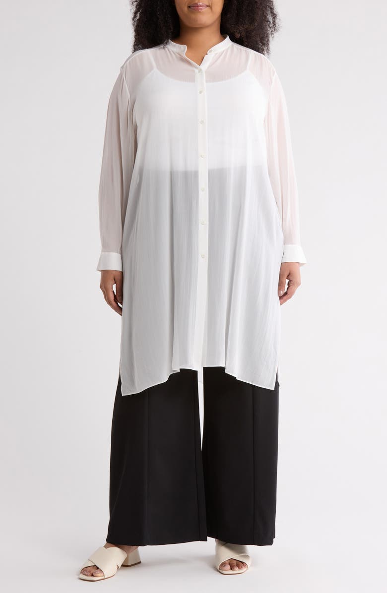 Eileen Fisher Mandarin Collar Long Sleeve Silk Button-Up Shirt, Main, color,