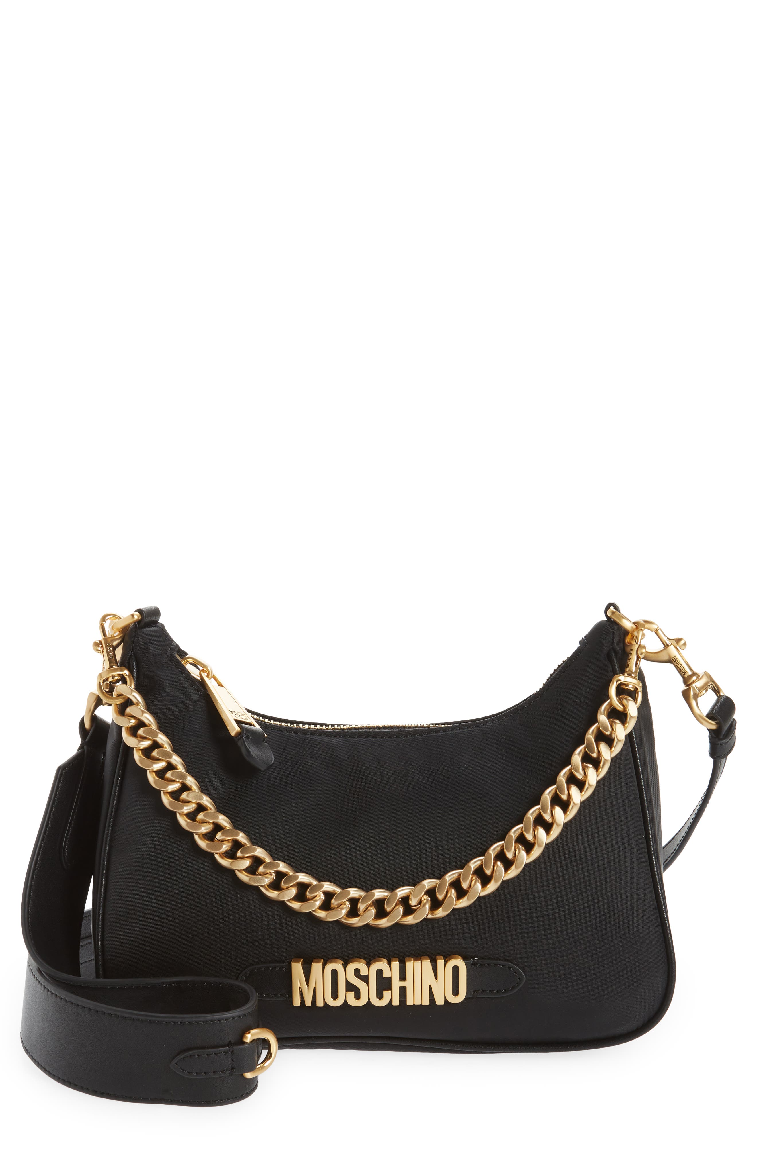 Moschino Logo Lettering Nylon Hobo Bag, Main, color, 