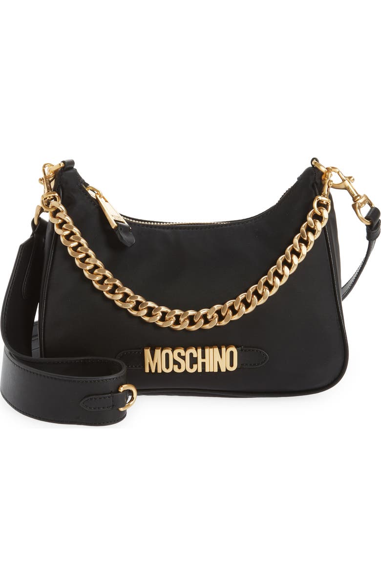 Moschino Logo Lettering Nylon Hobo Bag, Main, color,