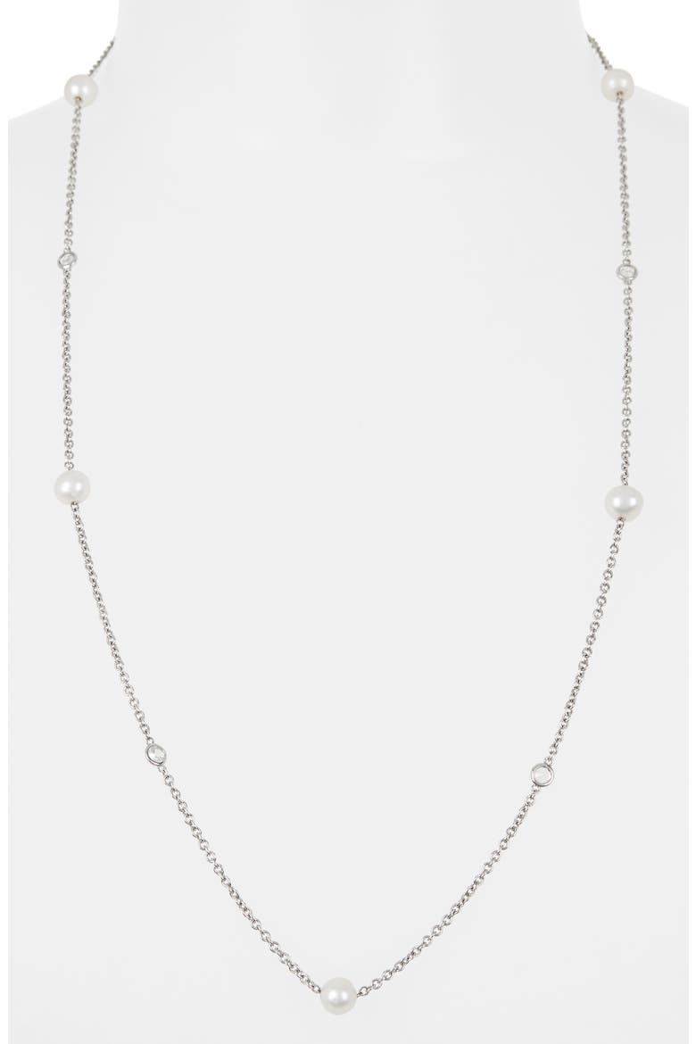 Sterling Silver 7–7.5mm Cultured Freshwater Pearl & Lab Grown White Sapphire Station Chain Necklace, Alternate, color, WHITE