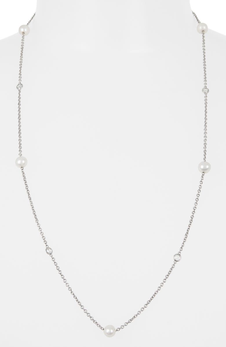 SUZY LEVIAN Sterling Silver 7–7.5mm Cultured Freshwater Pearl & Lab Grown White Sapphire Station Chain Necklace, Alternate, color, White