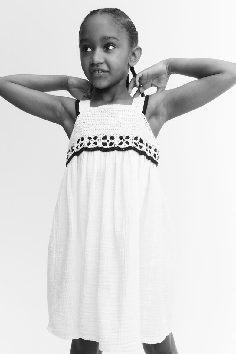Crochet-look-detail Muslin Dress, Alternate, color, Cream