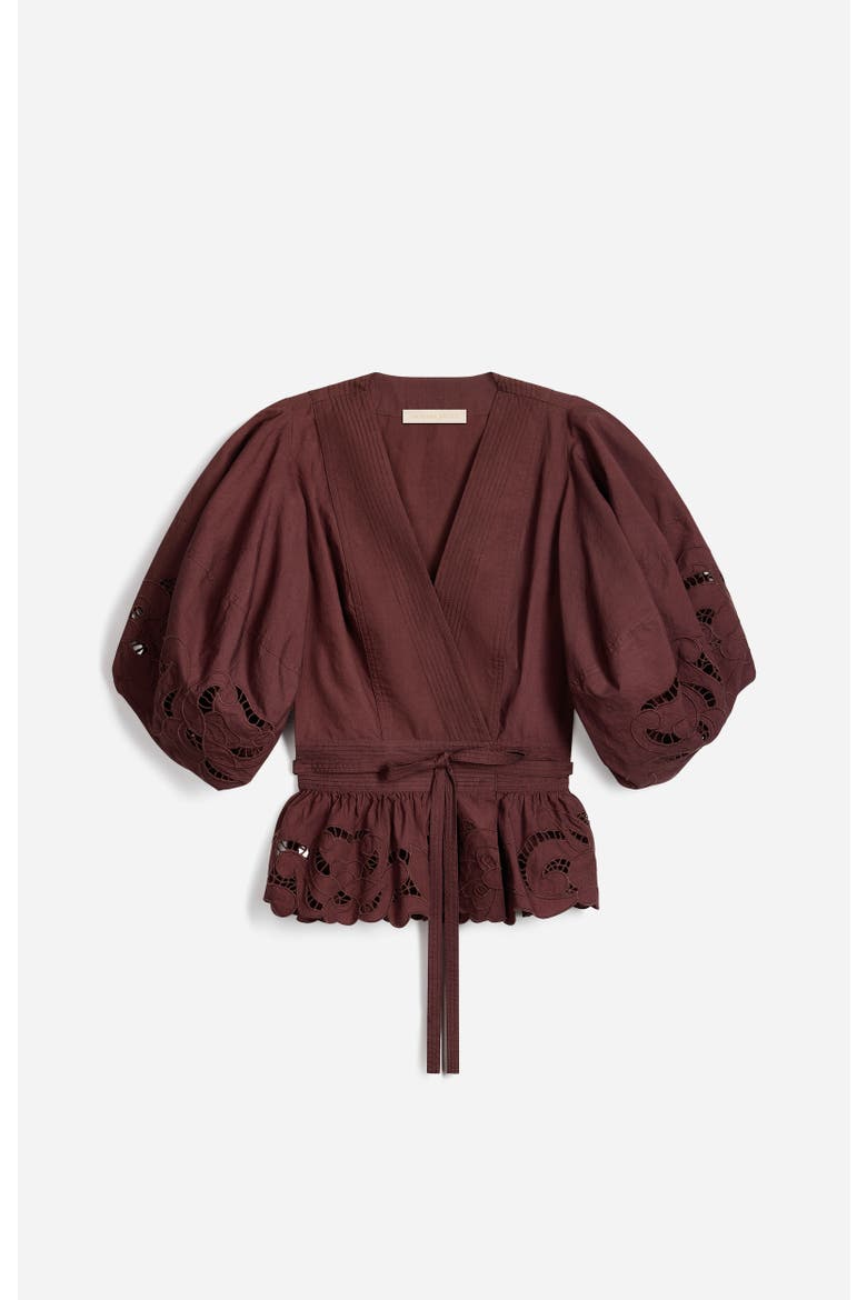 Gunner Embroidered V-Neck Wrap Blouse, Alternate, color, Chocolat