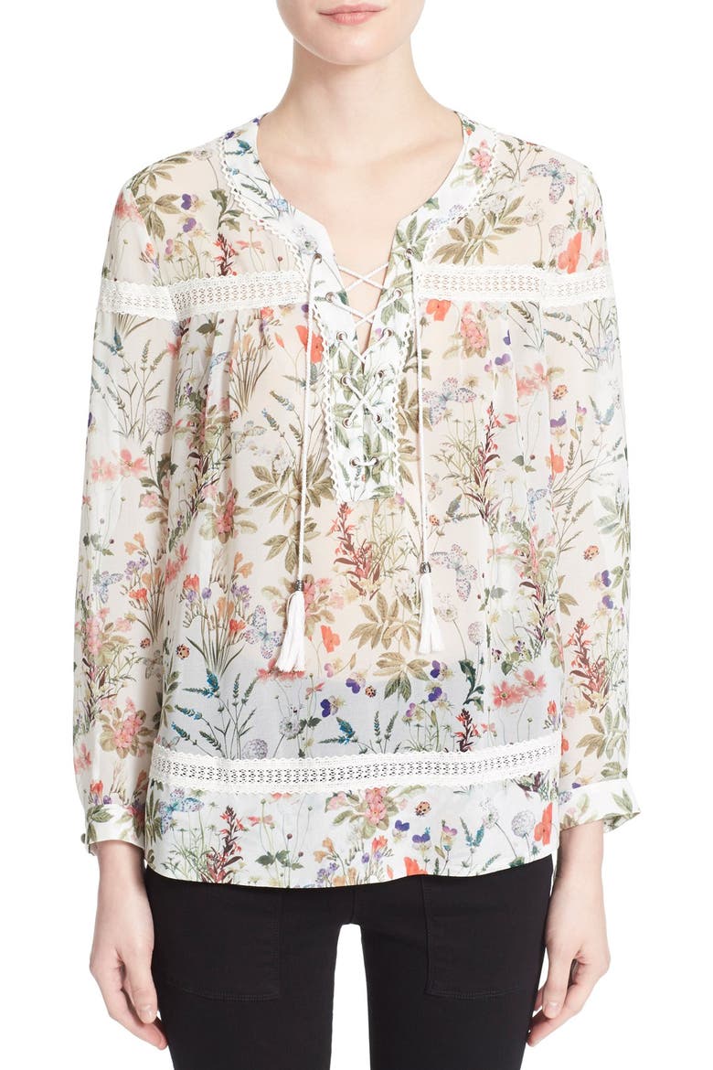 Lace Trim Botanic Print Chiffon Top, Main, color, WHITE