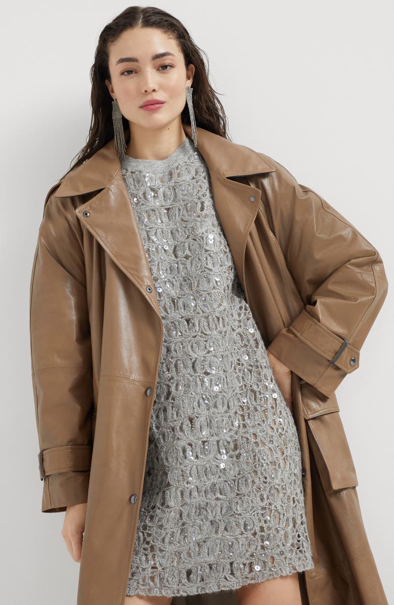 Brunello Cucinelli Polished nappa leather trench with monili, Alternate, color, Cognac