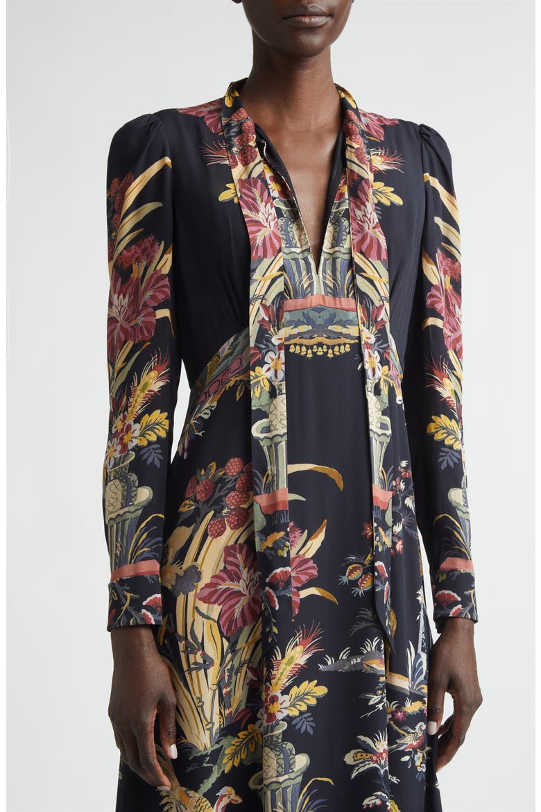 Placed Flower & Animal Print Tie Neck Long Sleeve Dress, Alternate, color, BLACK