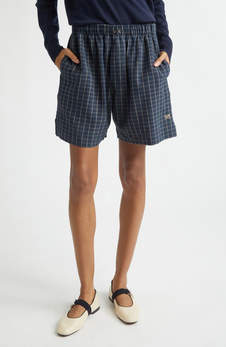 Wales Bonner Sunday Check Linen Shorts, Main, color, Navy / Ivory / Rust