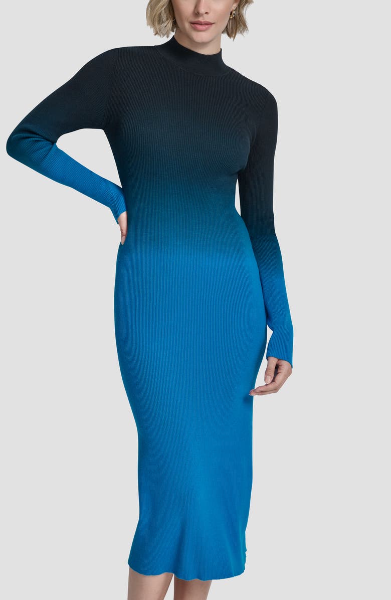 DKNY Dip Dye Long Sleeve Cotton Blend Body-Con Dress, Alternate, color, Ocean Blue