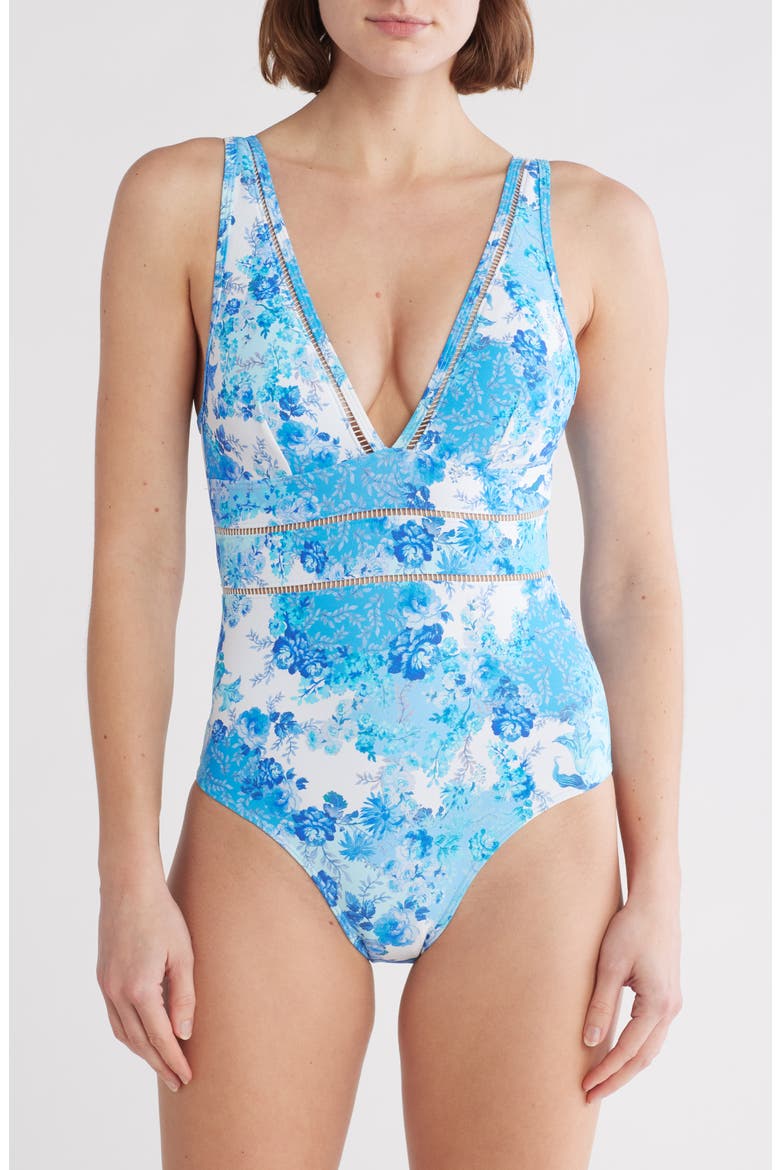 Daiseyfield Plunge Neck One-Piece Swimsuit, Main, color, BLUE