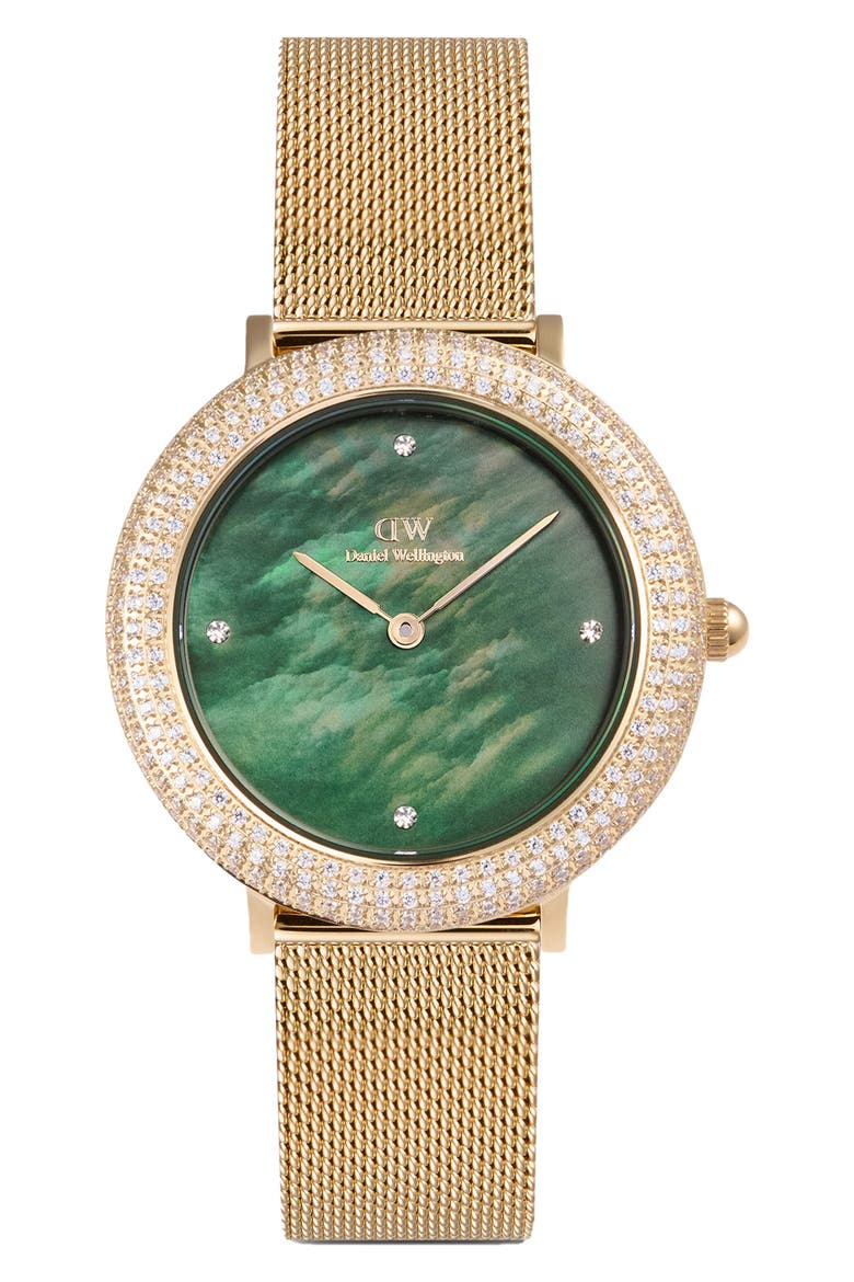 Crystal Bezel Evergold Green Mesh Strap Watch, 32mm, Main, color, GOLD