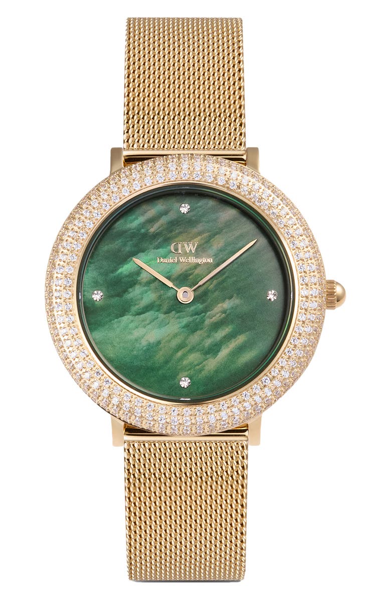 Daniel Wellington Crystal Bezel Evergold Green Mesh Strap Watch, 32mm, Main, color, Gold