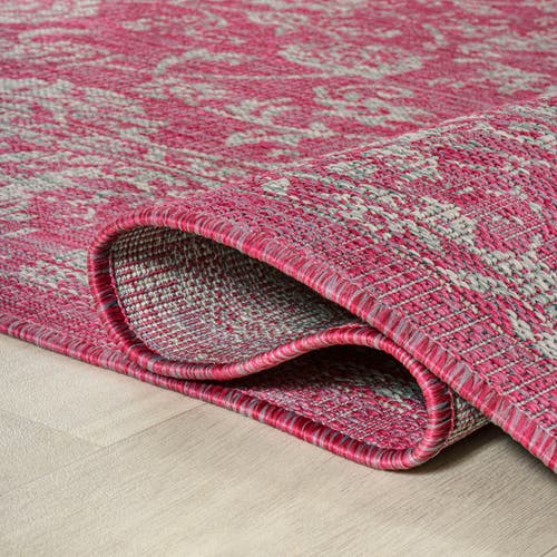 Jonathan Y Tela Bohemian Textured Weave Floral Indoor/outdoor Round Area Rug In Fuchsia/light Gray