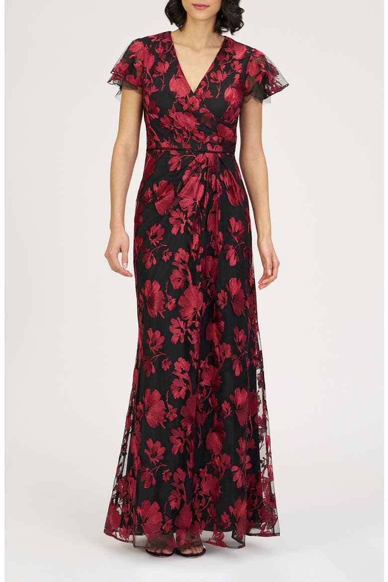Fauna Floral Embroidered Flutter Sleeve Gown, Main, color, RED/ BLACK