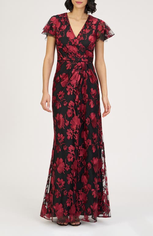 Js Collections Fauna Floral Embroidered Flutter Sleeve Gown In Multi