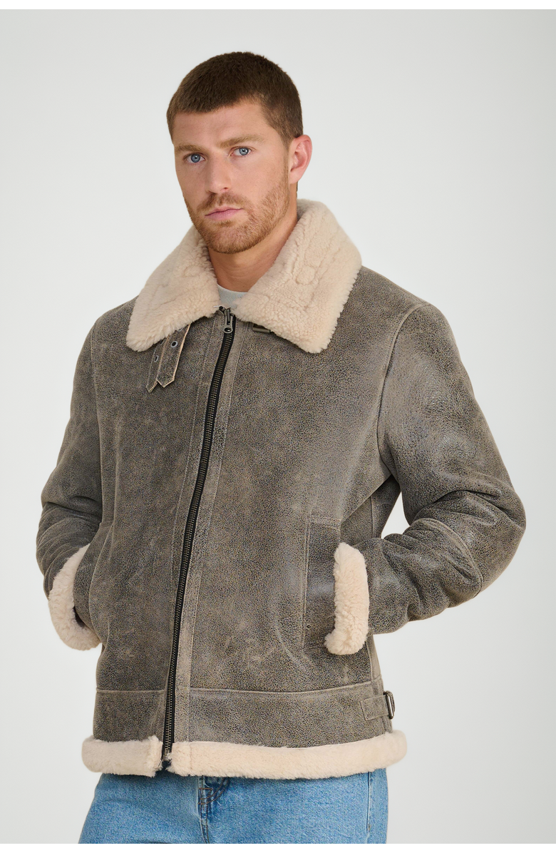 Furniq UK Rupert Shearling Aviator Jacket, Main, color, Grey