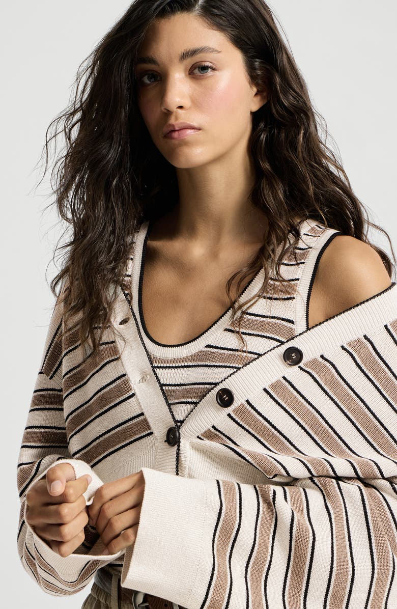 Brunello Cucinelli Cotton cardigan with sparkling stripes, Alternate, color, White