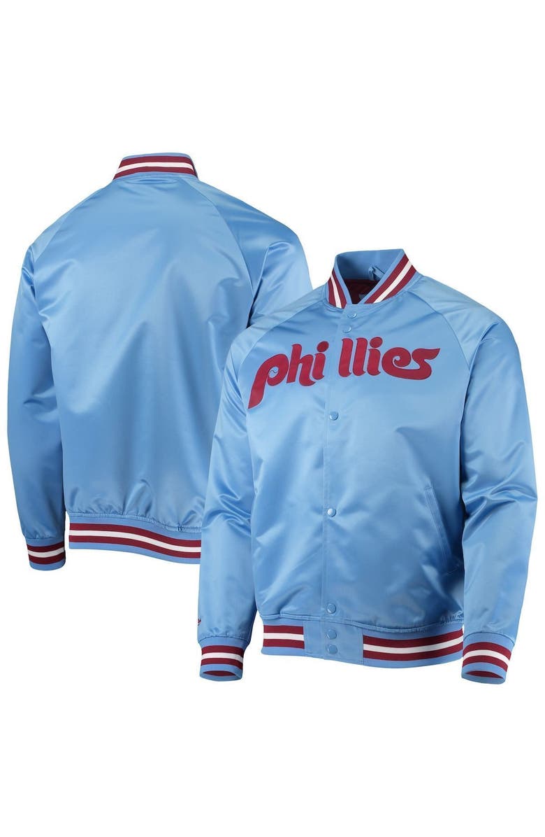 Mitchell & Ness Men's Mitchell & Ness Light Blue Philadelphia Phillies Lightweight Satin Raglan Full-Snap Jacket, Main, color, 