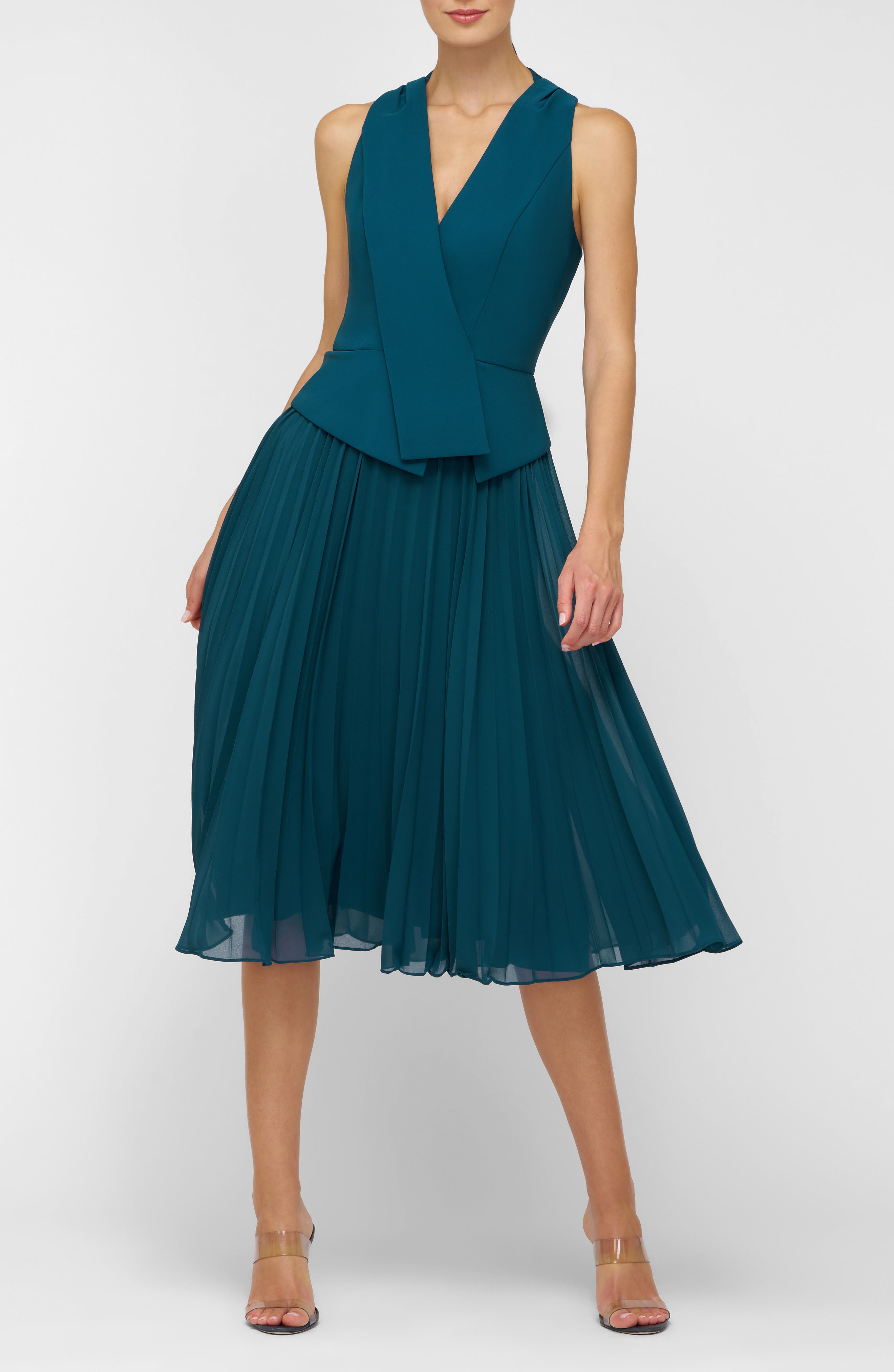Kay Unger Orella Pleated Mixed Media Cocktail Dress