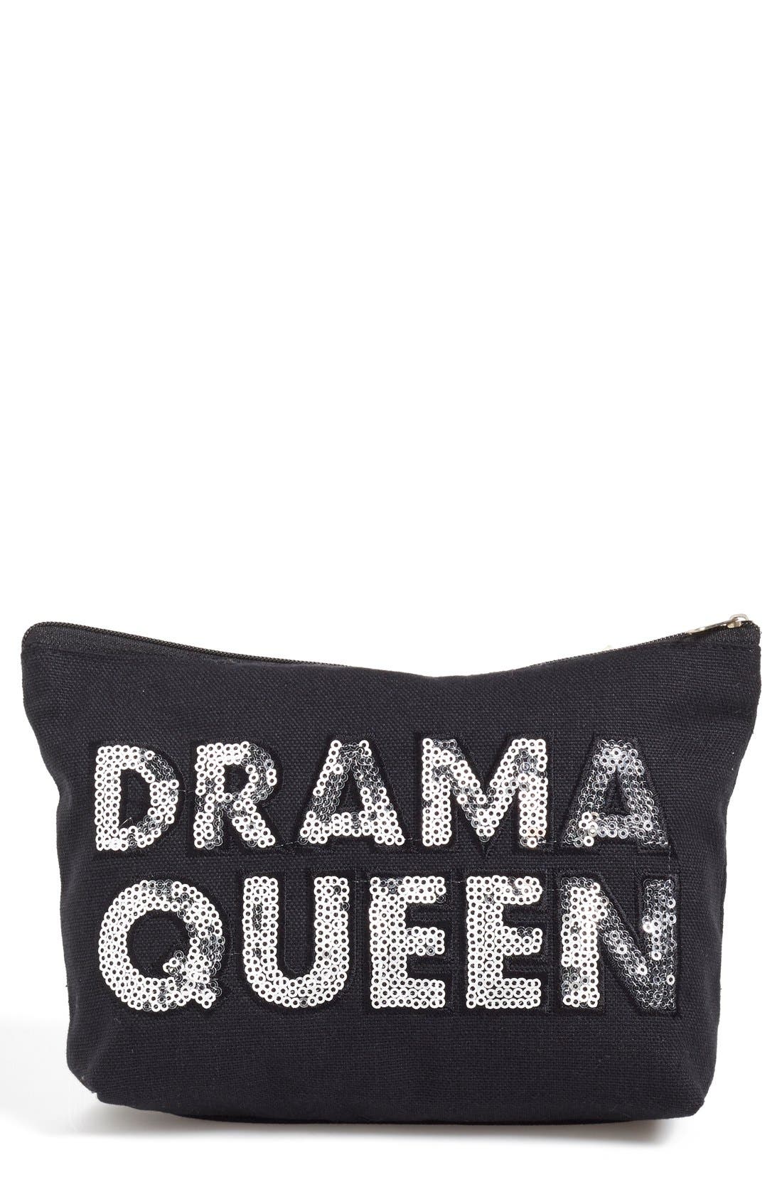 'Drama Queen' Zip Pouch, Main, color, BLACK