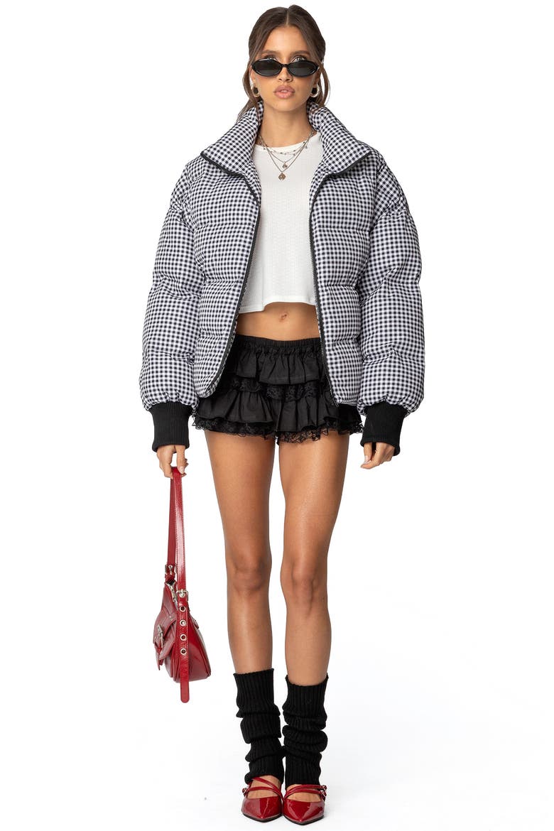 Gingham Oversize Quilted Puffer Jacket, Alternate, color, BLACK-AND-WHITE