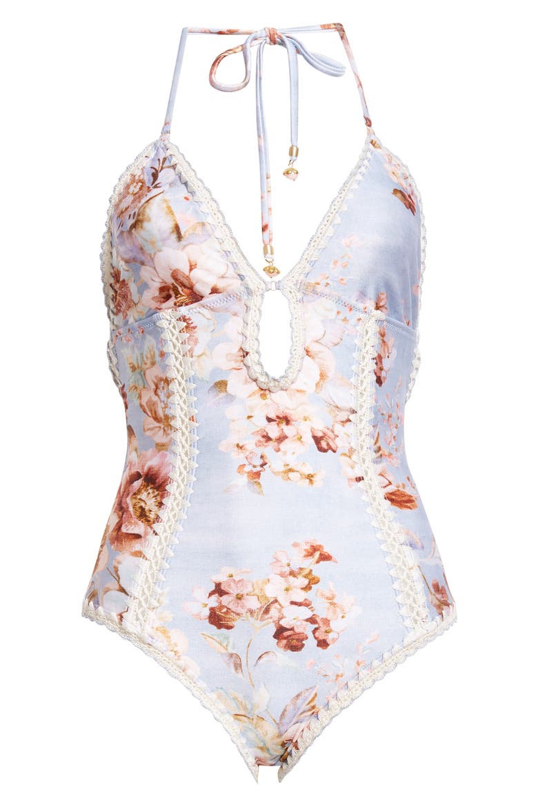 Awaken Crochet Trim Keyhole One-Piece Swimsuit, Alternate, color, CHAMBRAY FLORAL