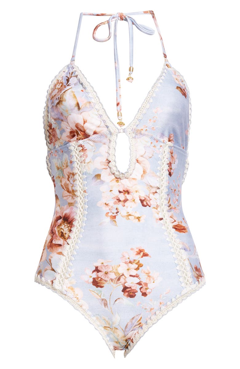 Zimmermann Awaken Crochet Trim Keyhole One-Piece Swimsuit, Alternate, color, Chambray Floral