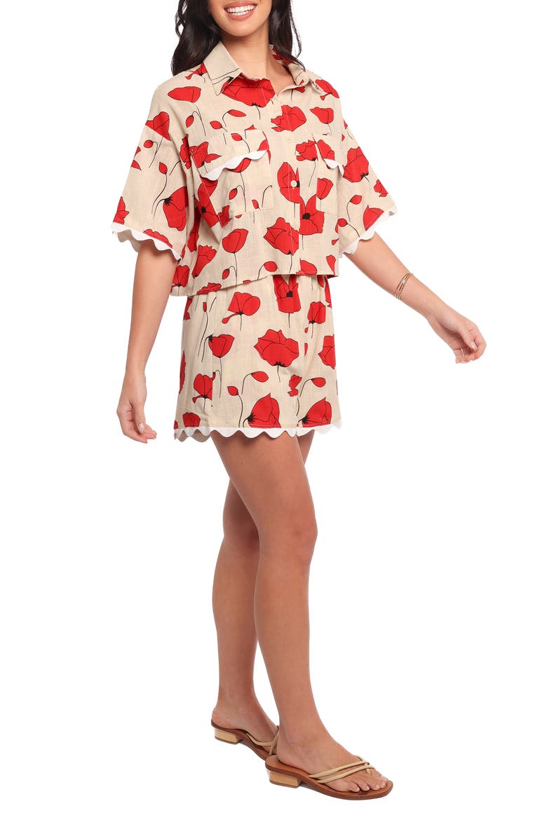 Sallio Floral Rickrack Trim Shirt & Shorts Set, Alternate, color, RED BEIGE POPPY