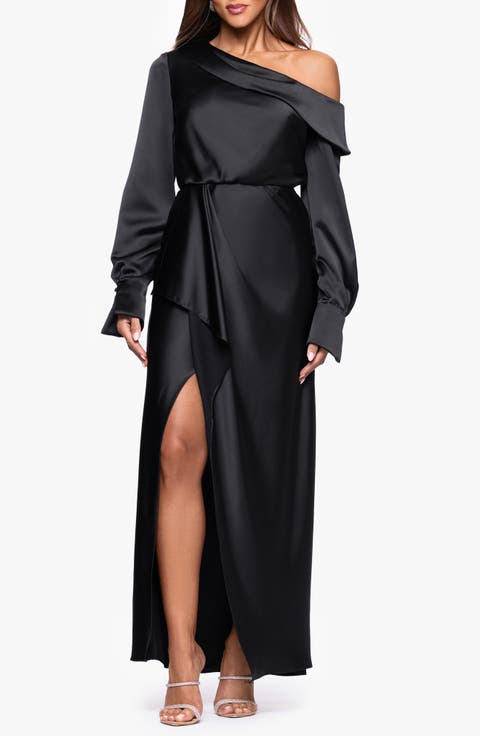 Off the Shoulder Long Sleeve Satin Gown