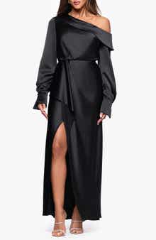 Xscape Evenings Off the Shoulder Long Sleeve Satin Gown